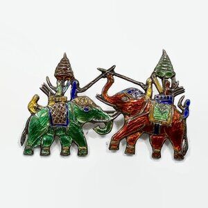 Elephant Brooch, Sterling Silver Siam, Enameled, Thailand, Detailed, Vintage